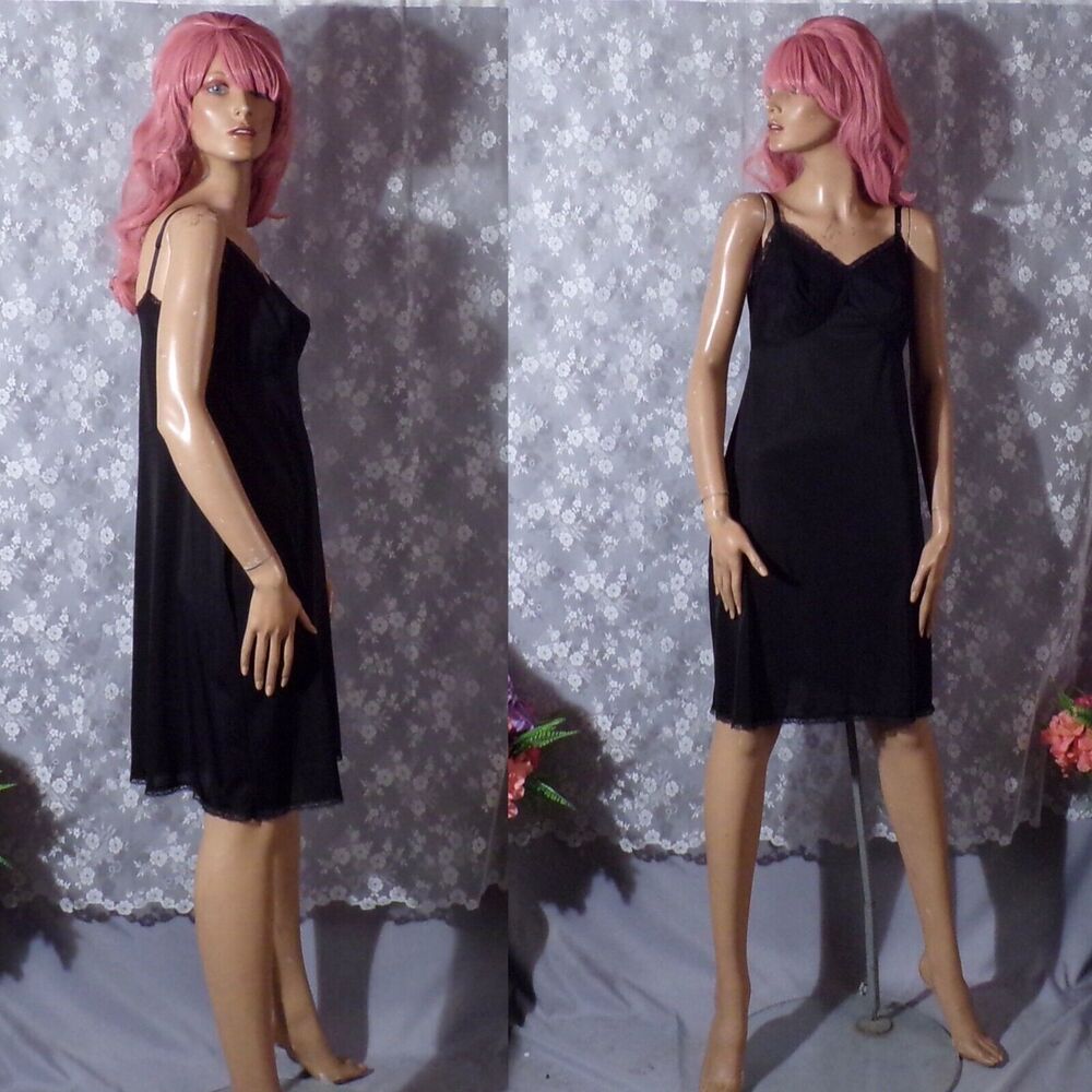 Vintage 60s Dress Slip 1960s Black Nylon Lace Goth Vamp Pinup Size Medium S/M